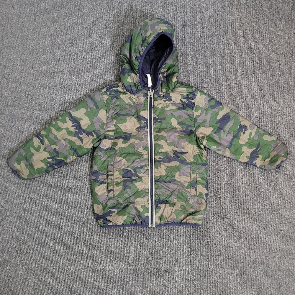 Hanna Andersson 110‎ Reversible Camo Puffer Jacket Kids Green Navy Down Hooded